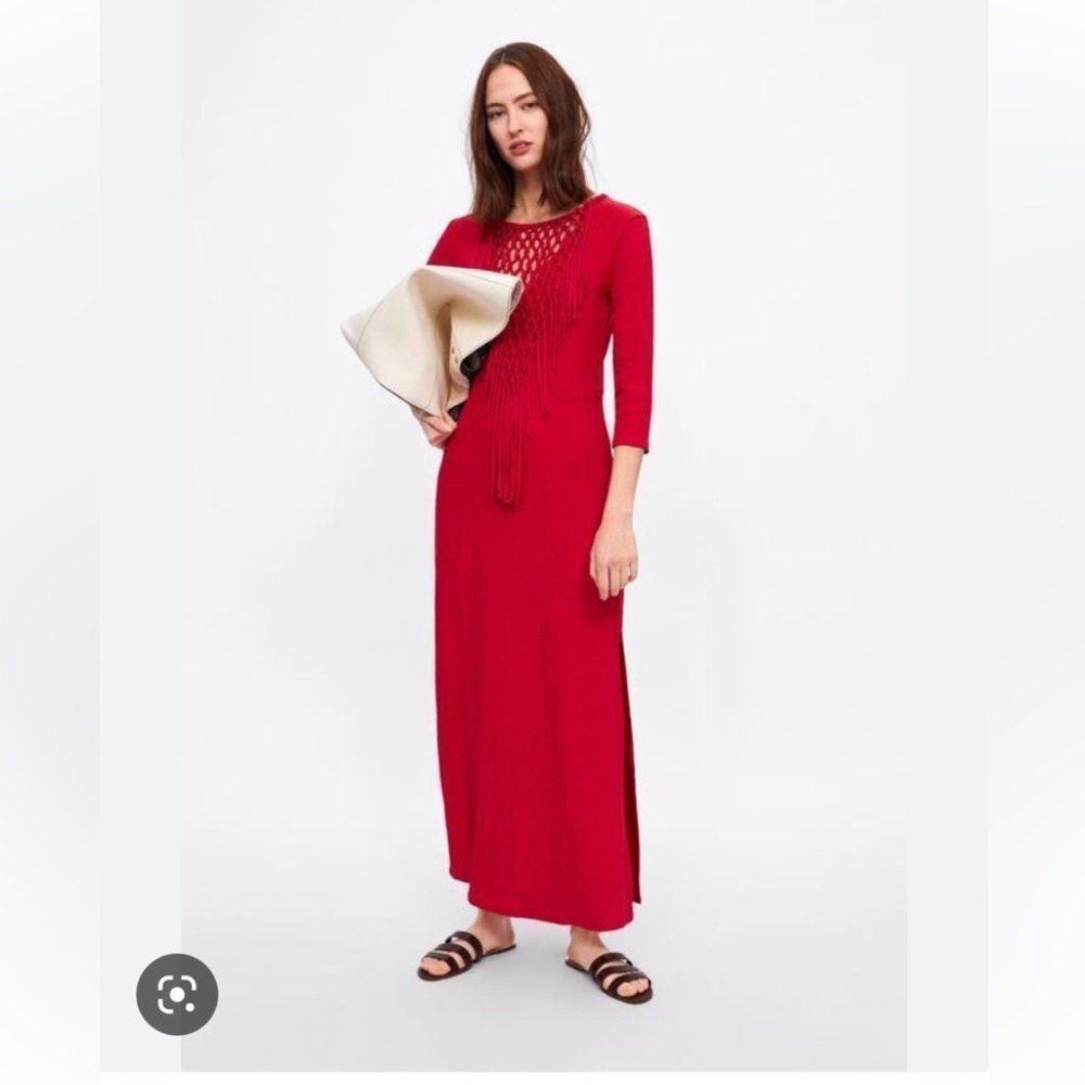 Zara knotted maxi dress gauzy red slits casual long dress casual boho maxi sz M